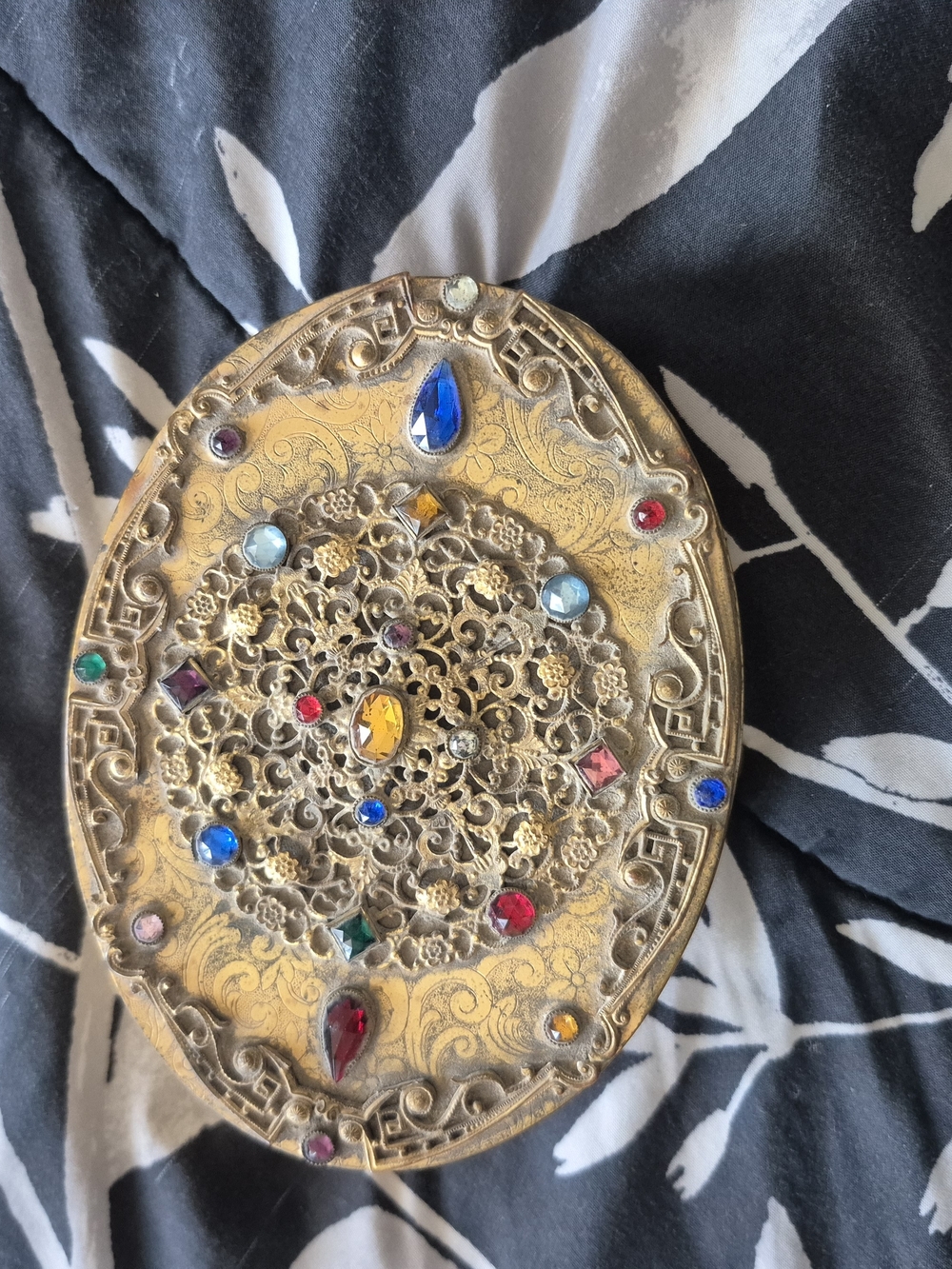 Antique Gold-Tone Multicolor Jeweled Decorative Compact Mirror - Women Jewelry